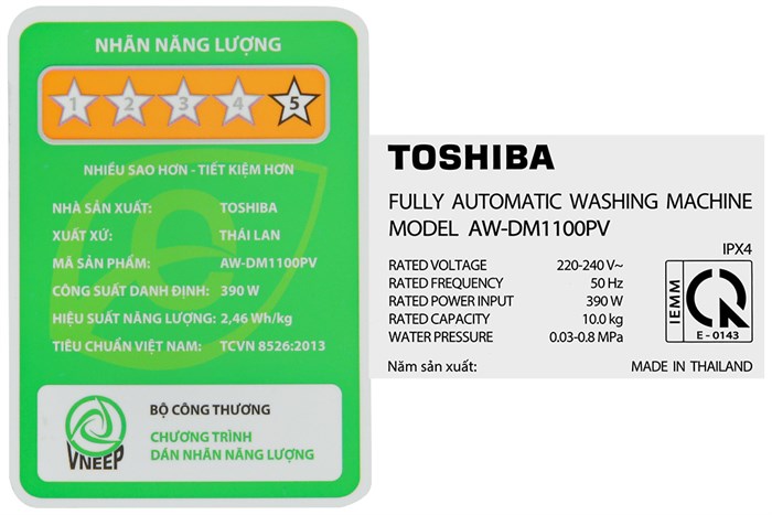 Máy Giặt Toshiba Inverter 10 Kg AW-DM1100PV(KK)